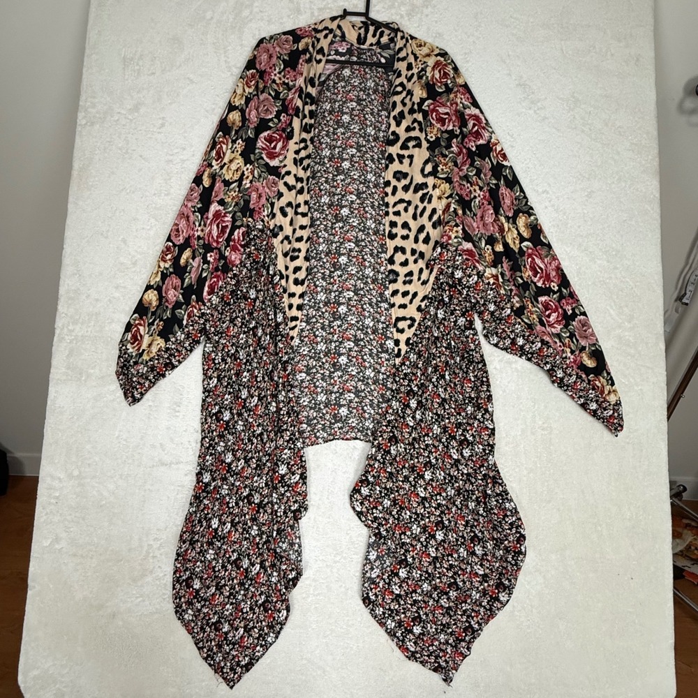 Umgee‎ Mixed Print Floral Leopard Kimono Cardigan Womens M Festival Boho Layer